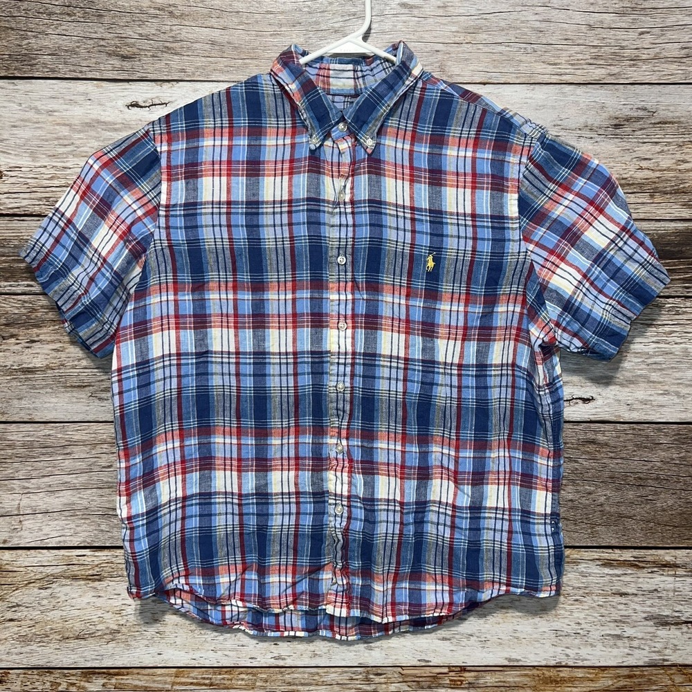 Ralph Lauren 100% Linen Shirt Mens XL Short Sleeve Plaid Button Up Multicolor
